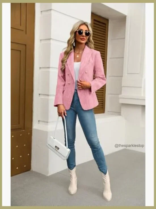 Tweed Blazer Slim Fit Double Breasted Business Casual Jacket - Picture 4 of 7